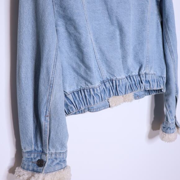 WE THE FREE Perry Hooded Denim Jacket Blue Oversized Cropped Fleece Women's XS - Picture 8 of 10
